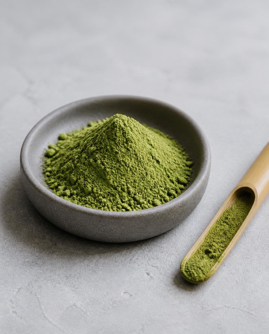 Green matcha powder heaped in a grey ceramic dish, a bamboo scoop beside it